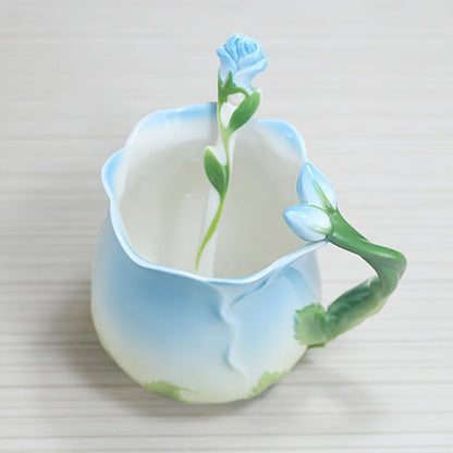Avelena | 3D Rose Blume Kaffeetasse Keramik Kaffeetassen Niedliche ästhetische Wasserbecher mit Löffel Sommer Winter Trinkgeschirr Valentinstag Geschenke