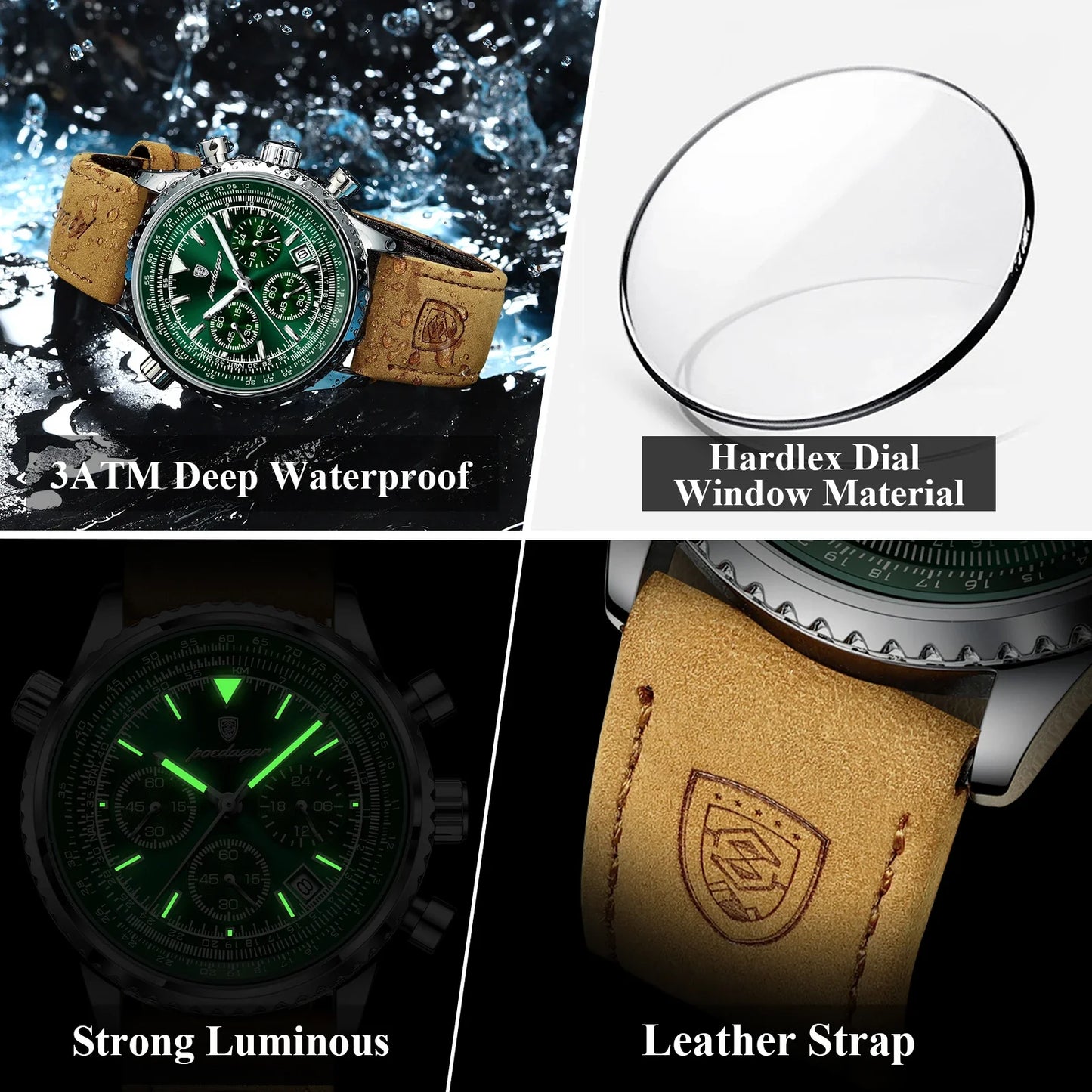 Avelena | Herren Quarzchronografuhr - Wasserdichte Leuchtende Militärsportuhr mit Lederarmband