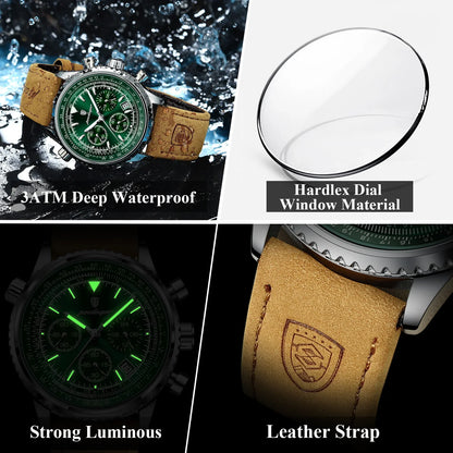 Avelena | Herren Quarzchronografuhr - Wasserdichte Leuchtende Militärsportuhr mit Lederarmband
