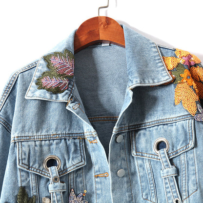 Avelena | Denim-Jacke mit Blumenstickereien und Pailletten
