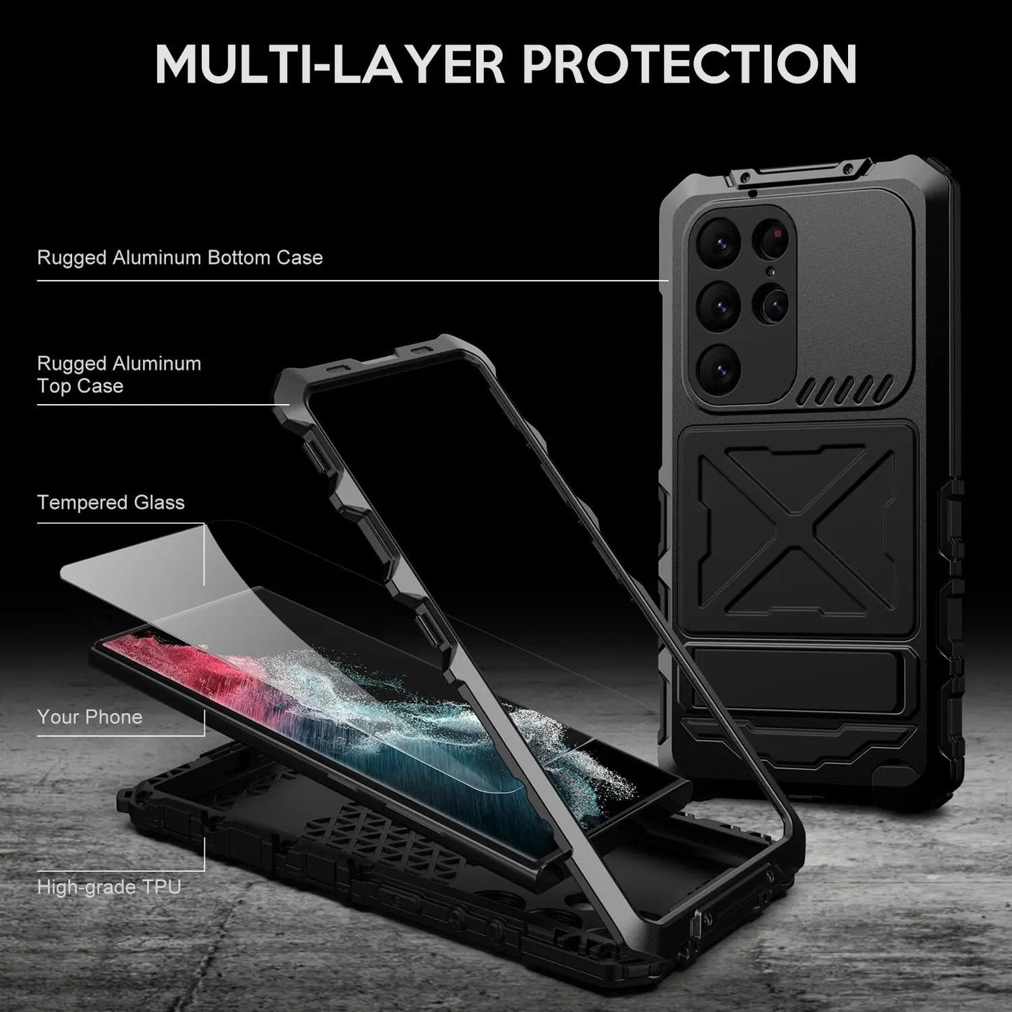 Avelena | Robuste 360° Runde Schutzhülle aus Aluminiumlegierung für Samsung Galaxy S23 Ultra