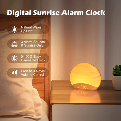 Avelena | Sunrise Wake-Up Light Alarm Clock mit 8 Farben, 26 Schlafgeräuschen & Holzmaserungsdesign