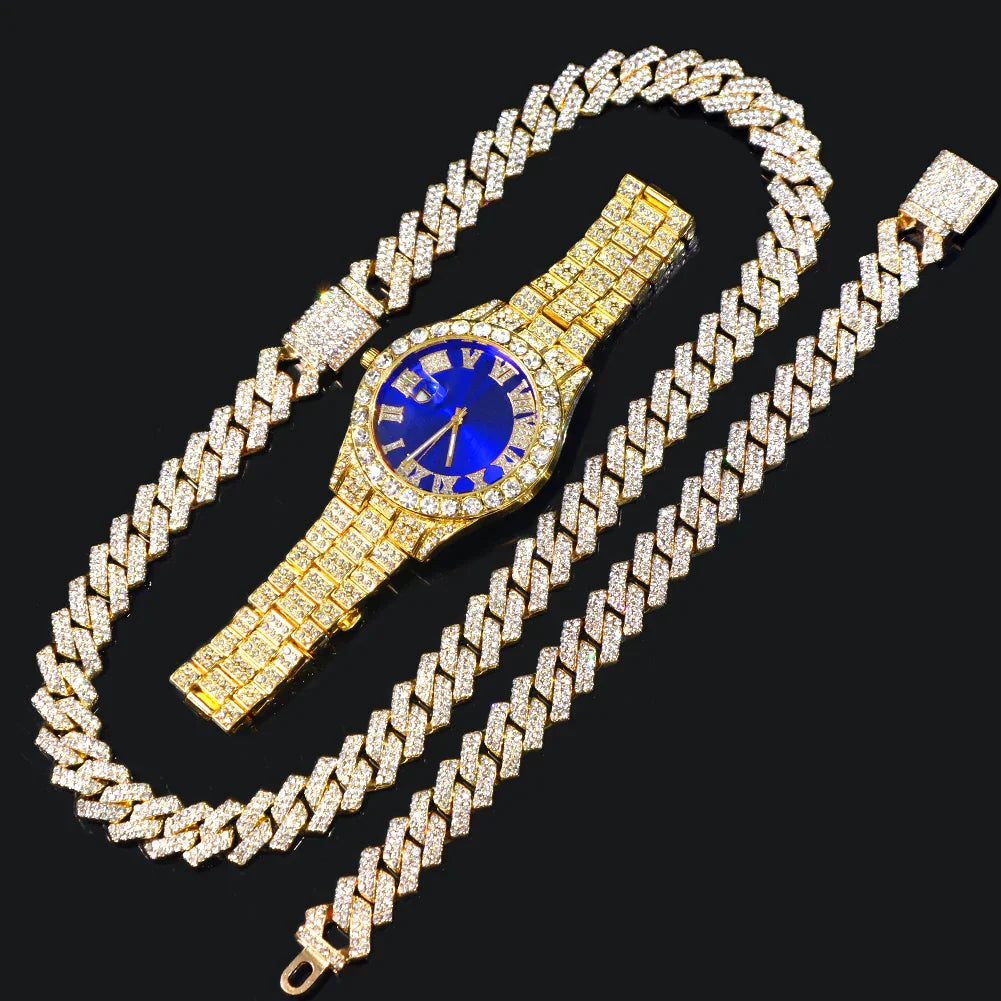 Avelena | Hip Hop Bling Trio Cuban Kette Schmuck Set