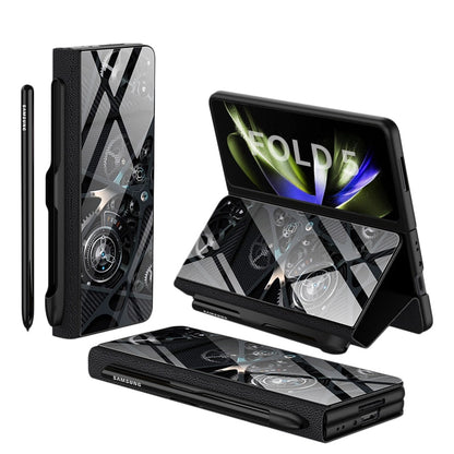 Avelena | Stoßfeste Rüstungshülle Hülle Glas Abdeckung Ständer Einfügkarte Lederhülle für Samsung Galaxy Z Fold 5/4