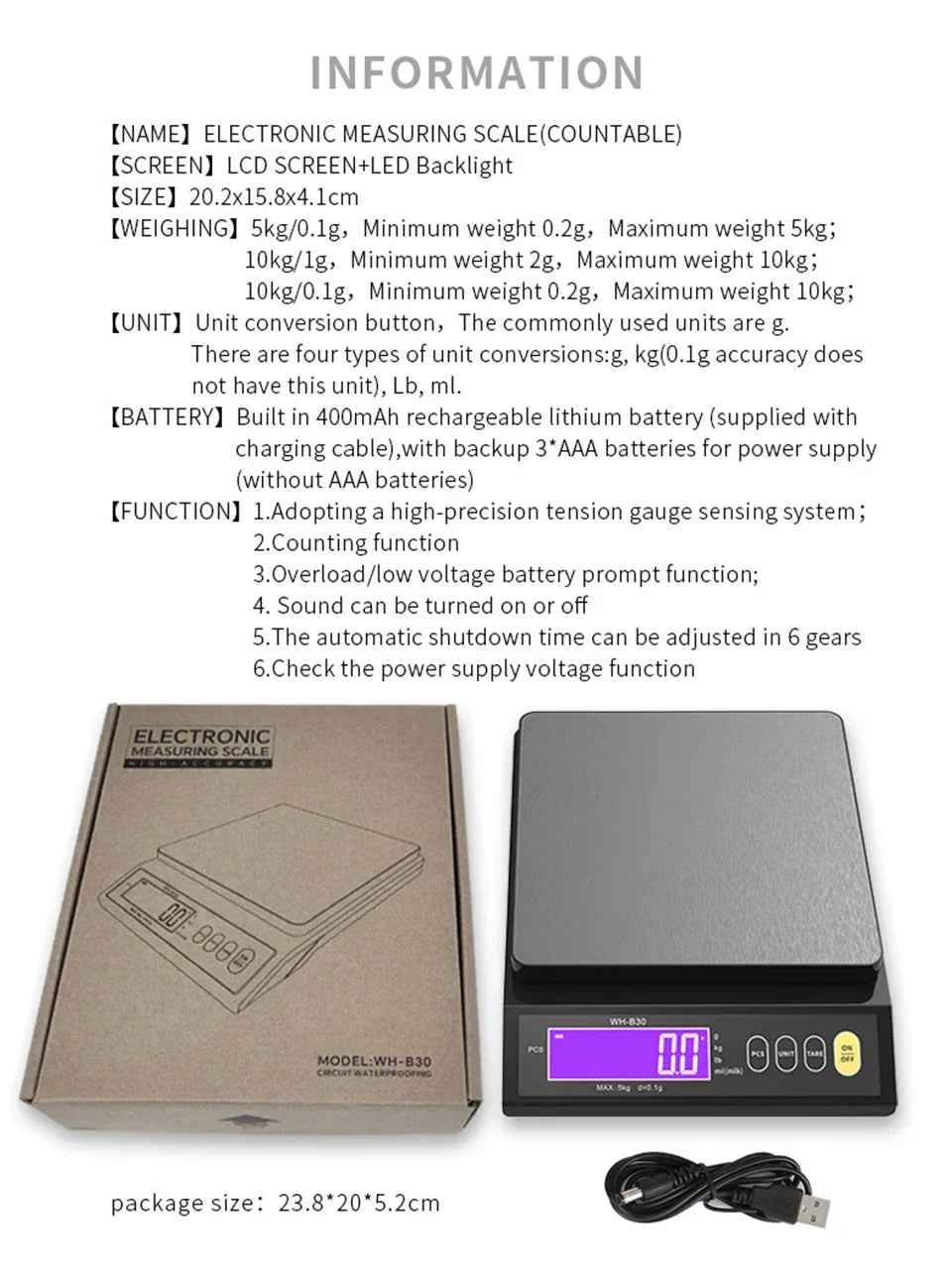 Avelena | 5 kg/0,1 g und 10 kg/1 g digitale elektronische Küchenwaage, LCD-Display, voll wasserdichtes Edelstahl-Waagetool zum Backen