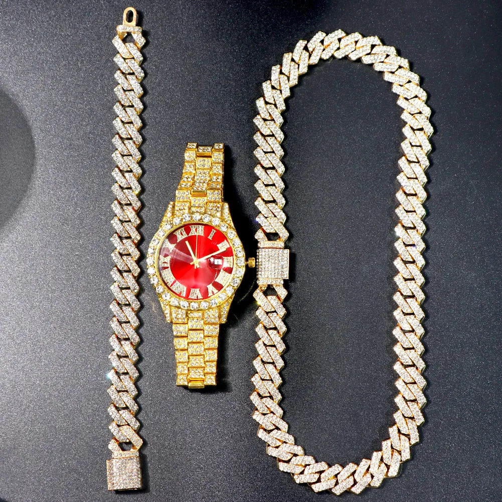 Avelena | Hip Hop Bling Trio Cuban Kette Schmuck Set