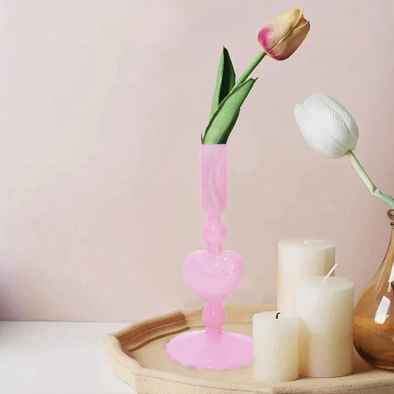 Avelena | Retro Taper Kerzenhalter Rote Herzform Glas Kerzenständer Hochzeit Tischdekoration Zuhause Party Glas Vase Dekor