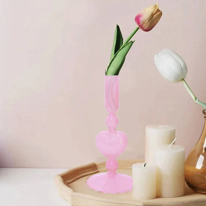 Avelena | Retro Taper Kerzenhalter Rote Herzform Glas Kerzenständer Hochzeit Tischdekoration Zuhause Party Glas Vase Dekor