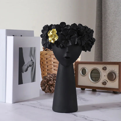 Avelena | Nordic Mädchen Kopf Blume Harz Vase Statue Blume Blumen Vasen für Büro Desktop Trockene Blumen Ornamente Dekor Container
