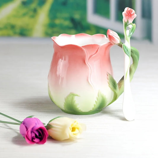 Avelena | 3D Rose Blume Kaffeetasse Keramik Kaffeetassen Niedliche ästhetische Wasserbecher mit Löffel Sommer Winter Trinkgeschirr Valentinstag Geschenke