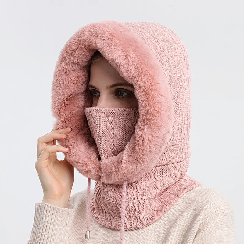Avelena | Damen Winter Pelzmütze & Masken Set - Strick Cashmere Balaklava