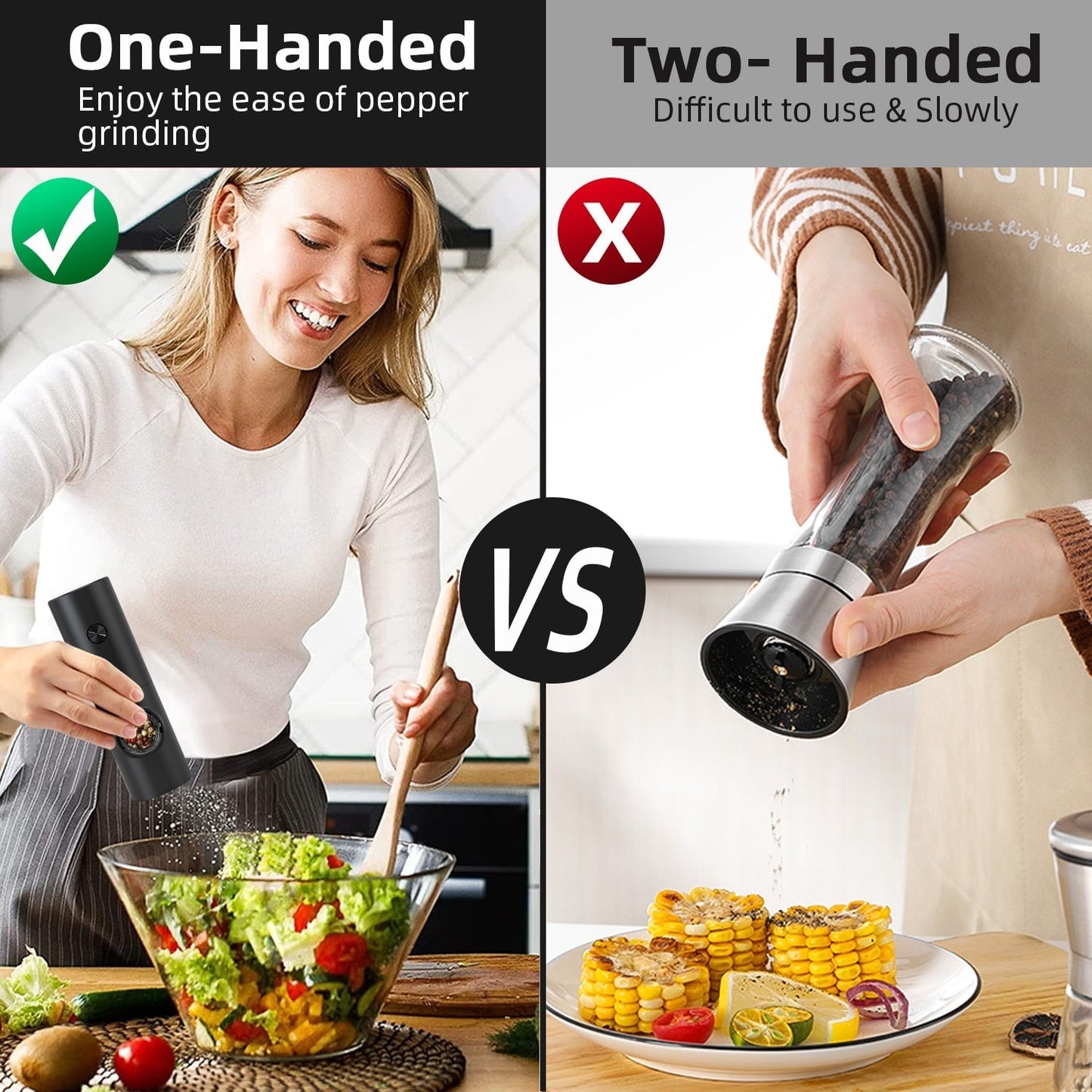Avelena | Elektrische automatische Pfeffer- und Salzmahlmaschine mit LED-Licht und einstellbarem Mahlgrad - Perfekt für die Küche oder das Restaurant