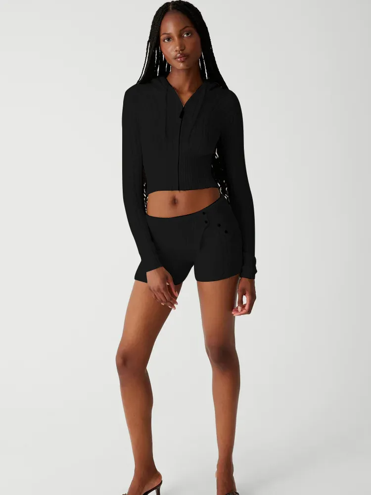 Schwarzes zweiteiliges Strick-Sweatsuit-Shorts-Set