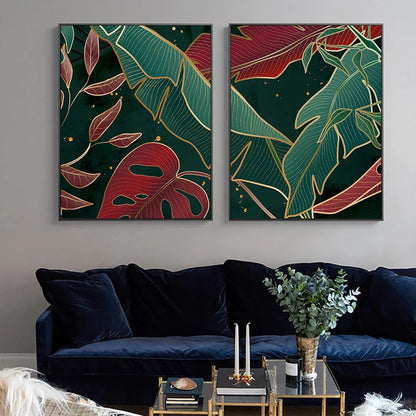 Avelena | Moderne Abstrakte Tropische Botanik Wandkunst Feine Kunst Leinwanddrucke Rote Grüne Palmenblätter Poster Bilder für Wohnzimmer Hotelzimmer Dekor