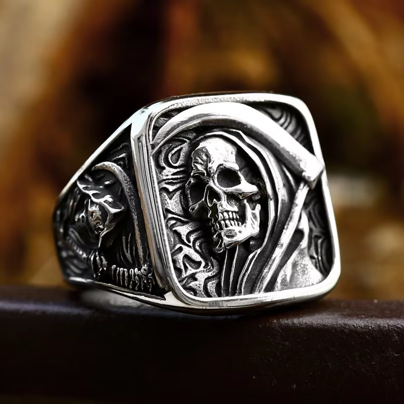 Avelena | Grim Reaper Skull Ring für Männer, Edelstahl Punk Biker Schmuck