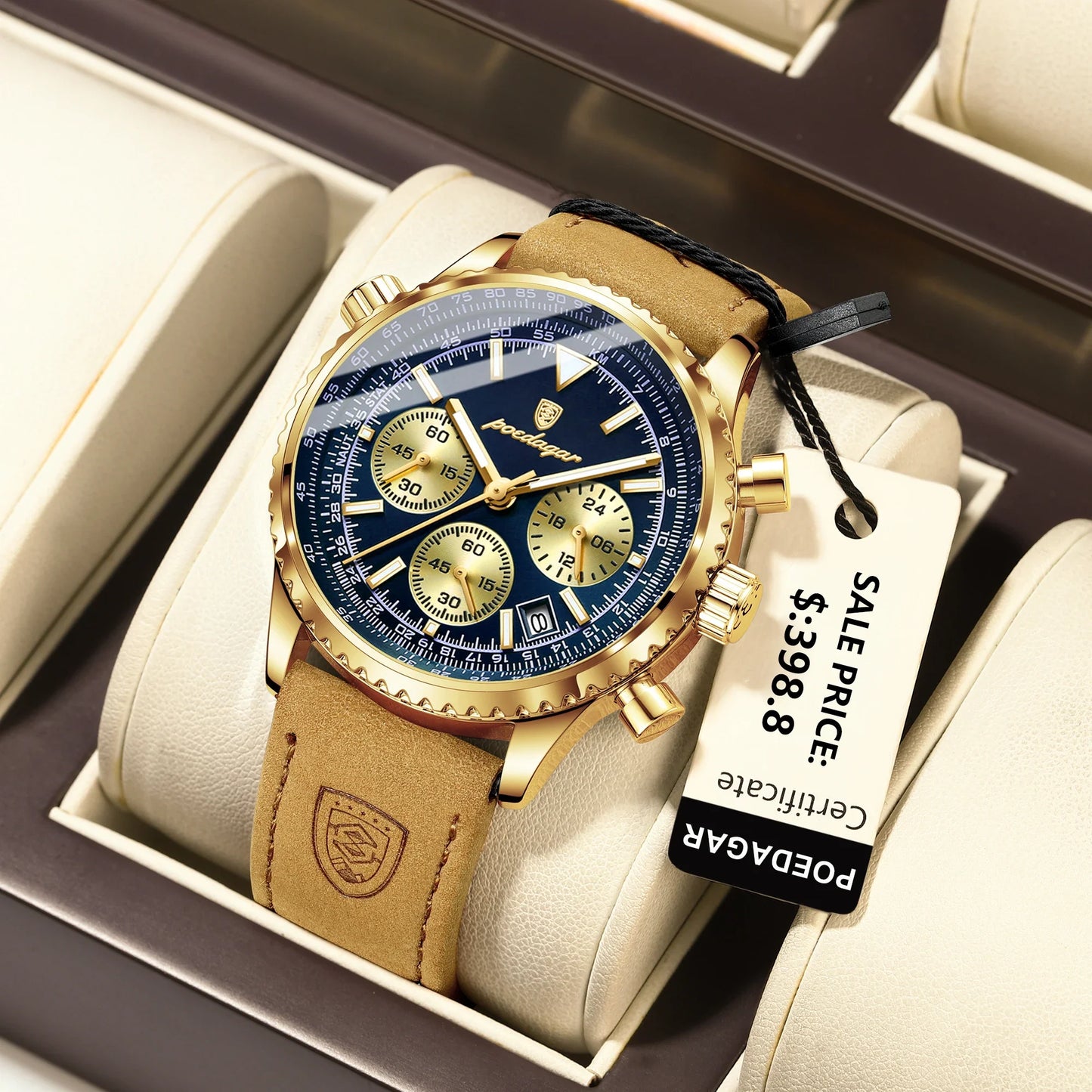 Avelena | Herren Quarzchronografuhr - Wasserdichte Leuchtende Militärsportuhr mit Lederarmband