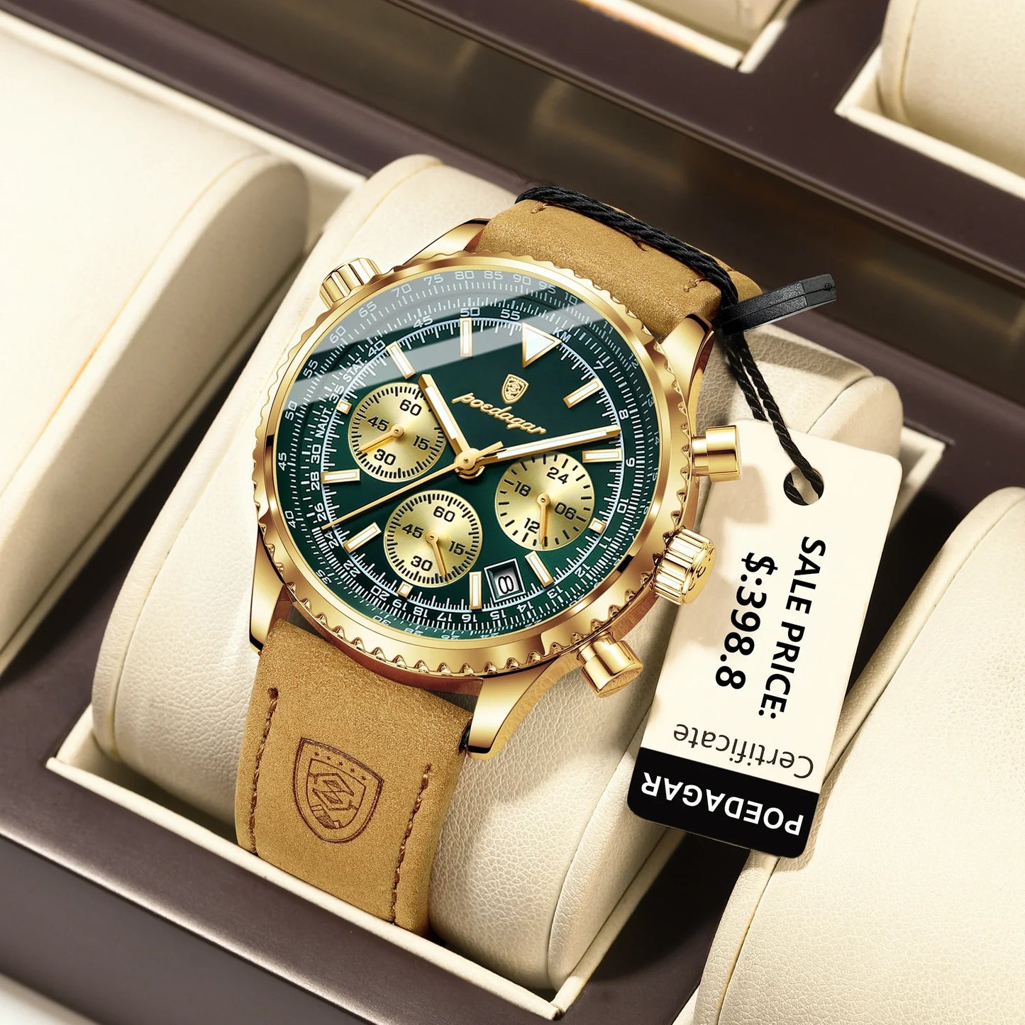 Avelena | Herren Quarzchronografuhr - Wasserdichte Leuchtende Militärsportuhr mit Lederarmband