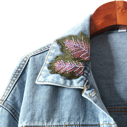 Avelena | Denim-Jacke mit Blumenstickereien und Pailletten