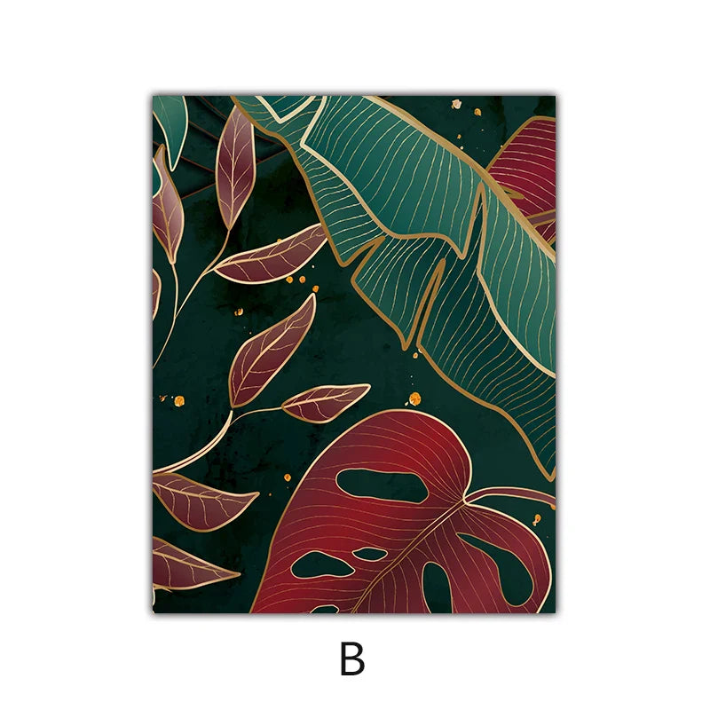 Avelena | Moderne Abstrakte Tropische Botanik Wandkunst Feine Kunst Leinwanddrucke Rote Grüne Palmenblätter Poster Bilder für Wohnzimmer Hotelzimmer Dekor