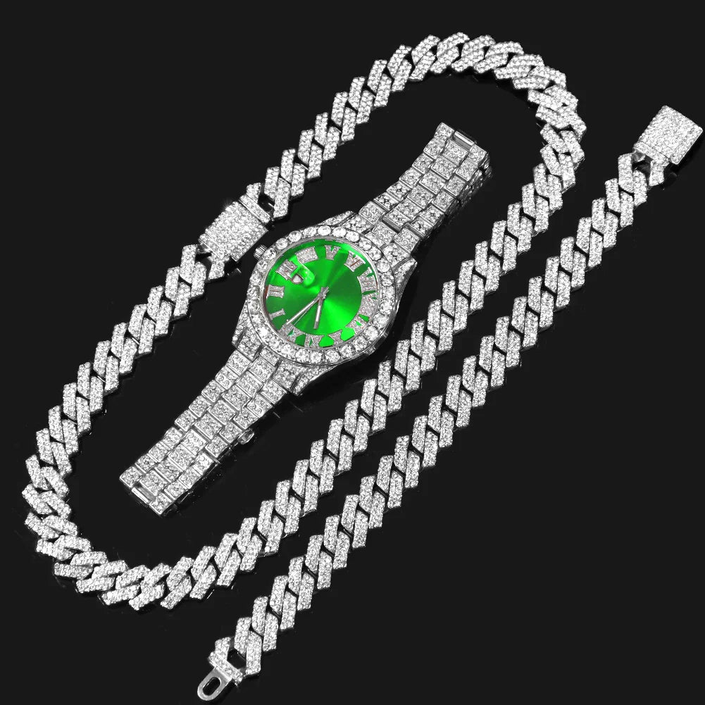 Avelena | Hip Hop Bling Trio Cuban Kette Schmuck Set