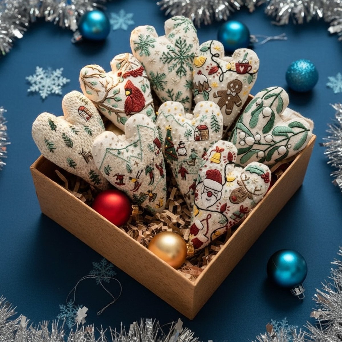 Avelena | DIY-Stickset für herzförmige Weihnachtsdekorationen mit Stoff, Garn und Nadeln