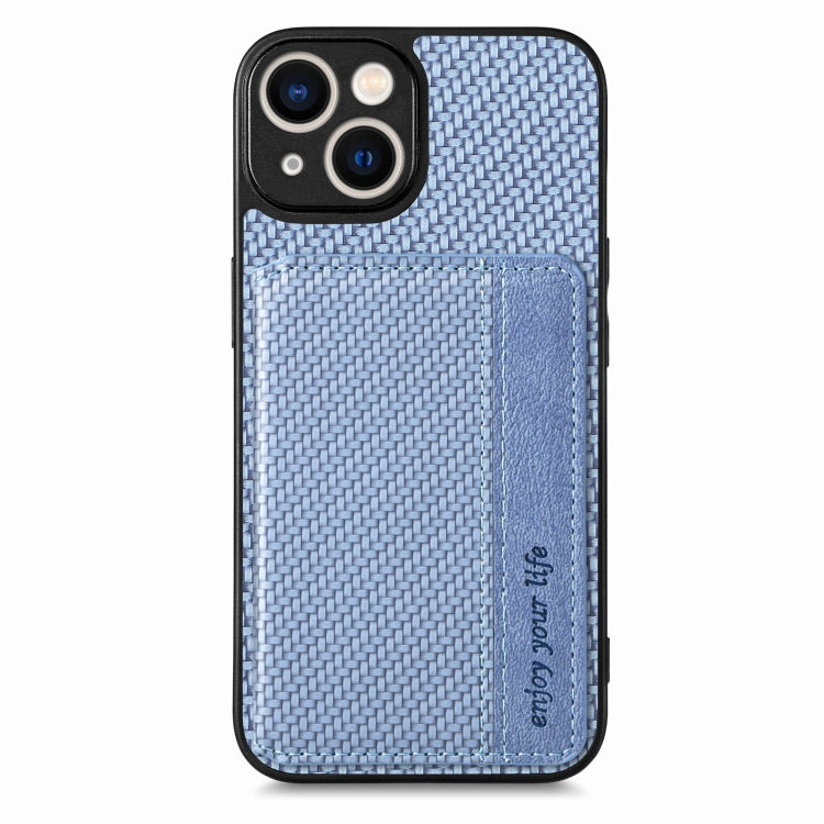 Avelena | iPhone 14 Carbon Fiber Magnet Kreditkarten Tasche Handyhülle - Blau