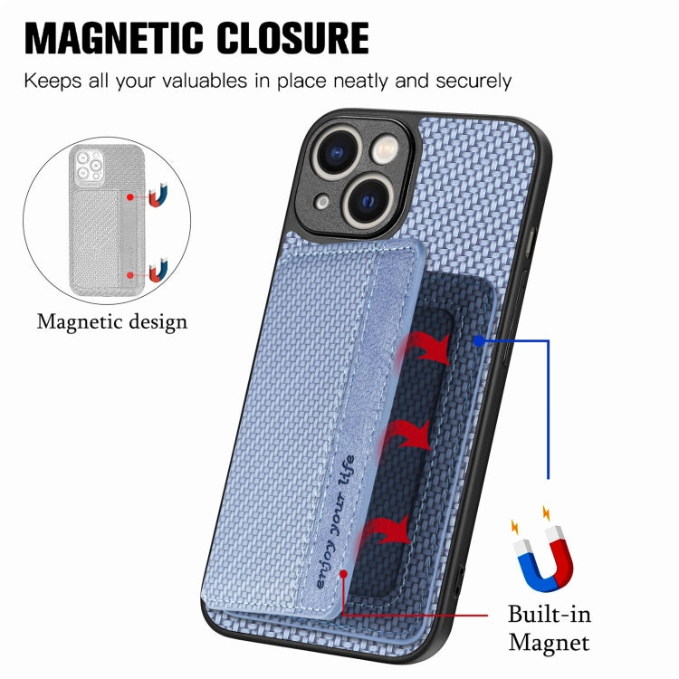 Avelena | iPhone 14 Carbon Fiber Magnet Kreditkarten Tasche Handyhülle - Blau