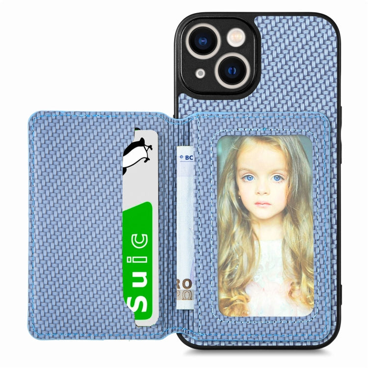 Avelena | iPhone 14 Carbon Fiber Magnet Kreditkarten Tasche Handyhülle - Blau