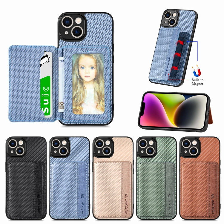 Avelena | iPhone 14 Carbon Fiber Magnet Kreditkarten Tasche Handyhülle - Blau