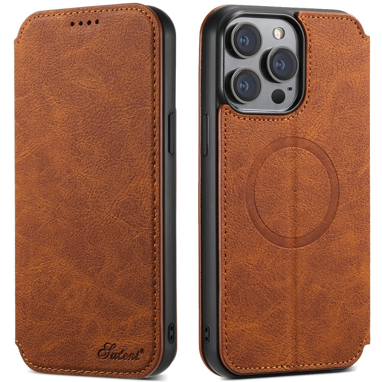 Avelena | iPhone 14 Suteni J06 Retro Matte Litchi Textur Leder Magnetisch Magsafe Handyhülle - Khaki
