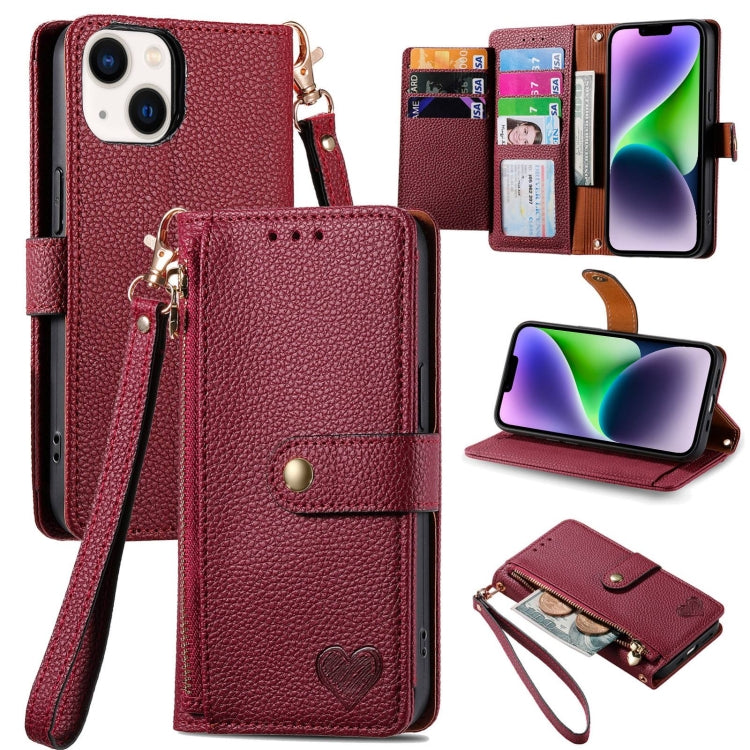 Avelena | iPhone 14 Love Zipper Lanyard Leder Handyhülle - Rot