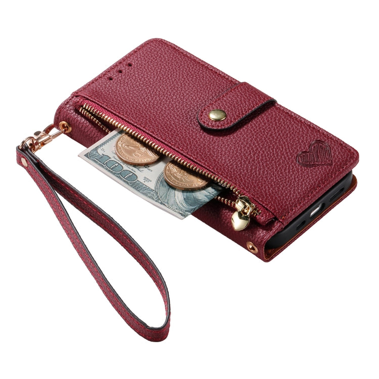 Avelena | iPhone 14 Love Zipper Lanyard Leder Handyhülle - Rot