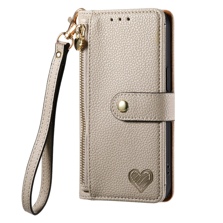 Avelena | iPhone 14 Love Reißverschluss Lanyard Leder Handyhülle - Grau