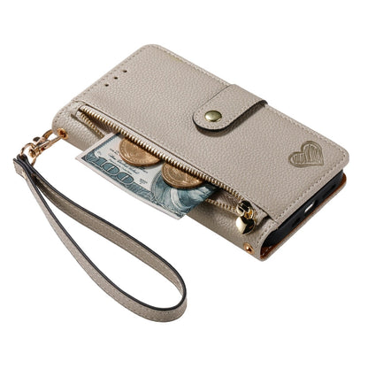 Avelena | iPhone 14 Love Reißverschluss Lanyard Leder Handyhülle - Grau