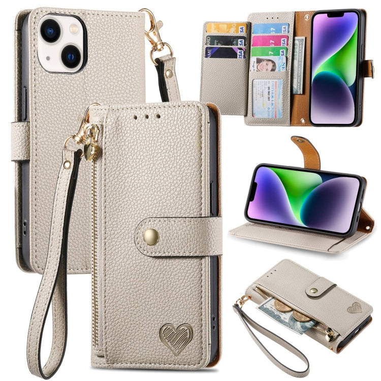 Avelena | iPhone 14 Love Reißverschluss Lanyard Leder Handyhülle - Grau