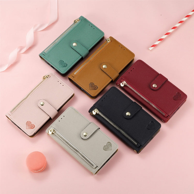Avelena | iPhone 14 Love Reißverschluss Lanyard Leder Handyhülle - Grau