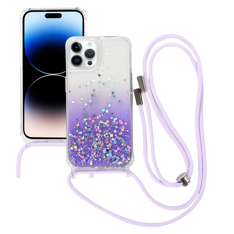 Avelena | Iphone 15 Pro Gradient Glitter Epoxy Tpu Verdickte Acryl-Handyhülle Mit Rundhals-Lanyard - Lila