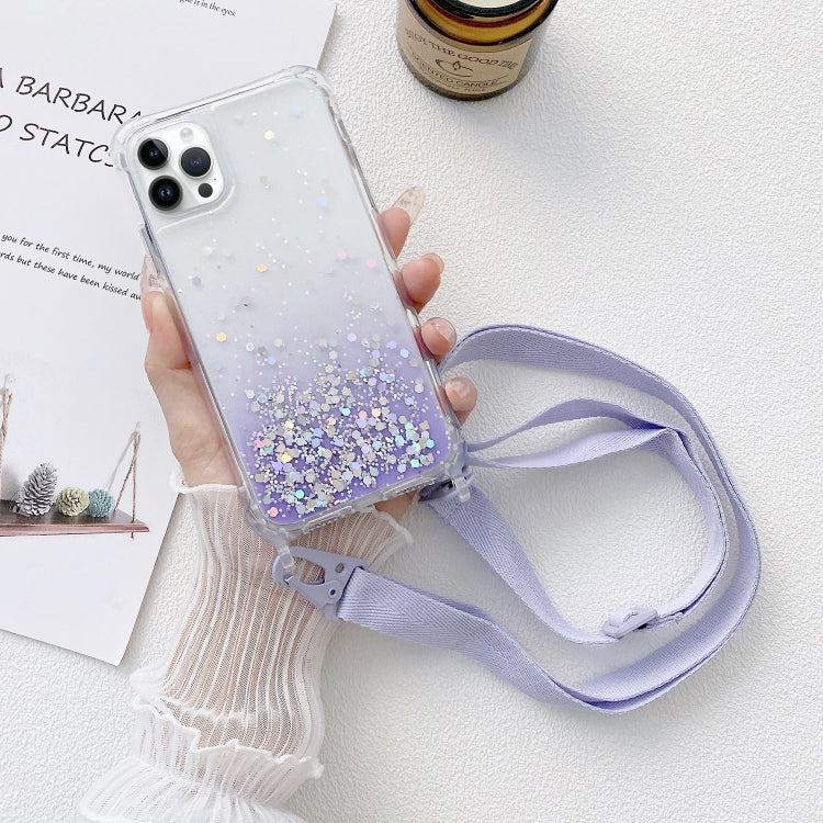 Avelena | Iphone 15 Pro Gradient Glitter Epoxy Tpu Verstärktes Acryl-Handyhülle Mit Breitem Lanyard - Lila