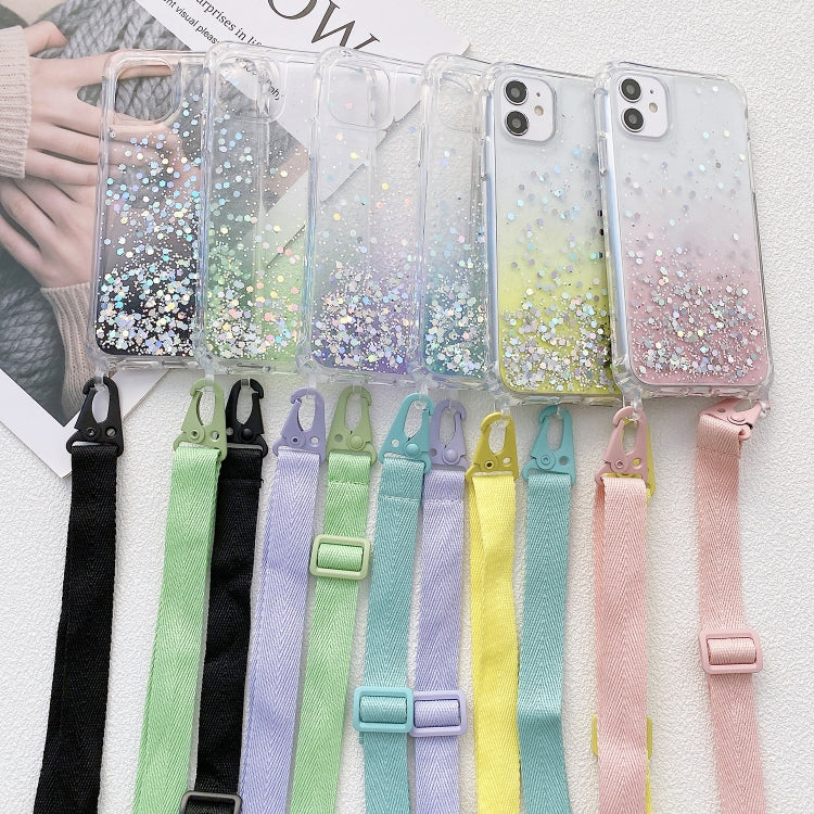 Avelena | Iphone 15 Pro Gradient Glitter Epoxy Tpu Verstärktes Acryl-Handyhülle Mit Breitem Lanyard - Lila