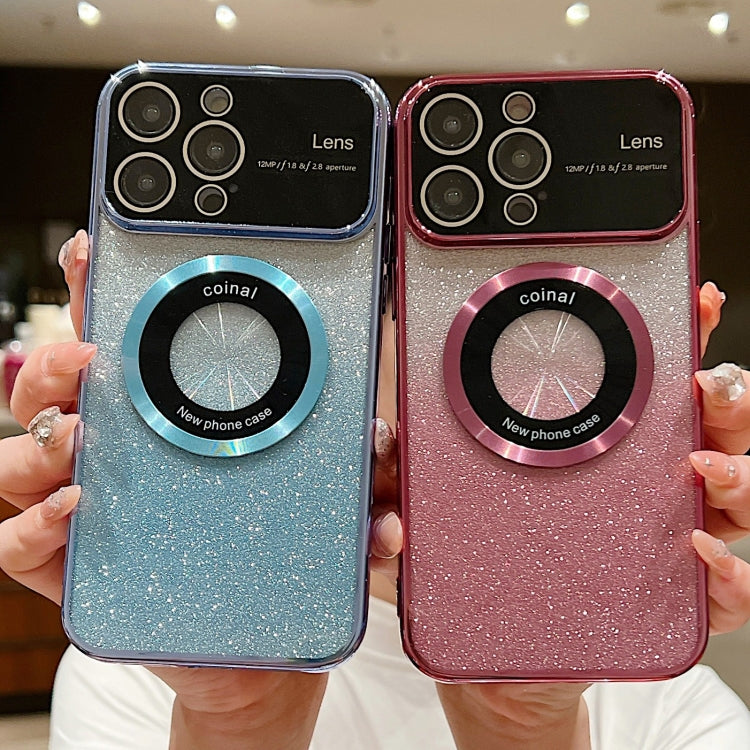 Avelena | iPhone 14 Große Fenster MagSafe Gradient Glitter Elektroplating TPU Handyhülle - Rosenrot