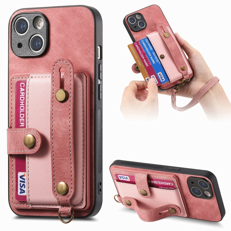 Avelena | iPhone 14 Retro Cross Handgelenk Geldbeutel Leder Rücken Handyhülle - Pink