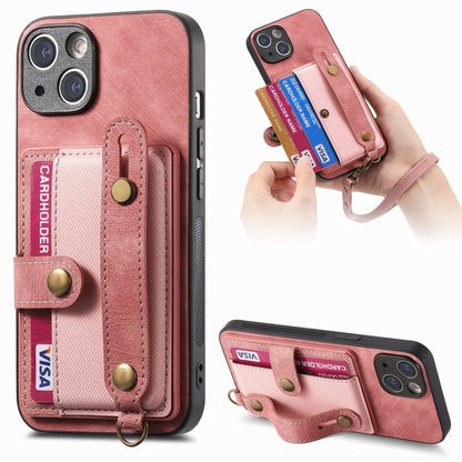 Avelena | iPhone 14 Retro Cross Handgelenk Geldbeutel Leder Rücken Handyhülle - Pink