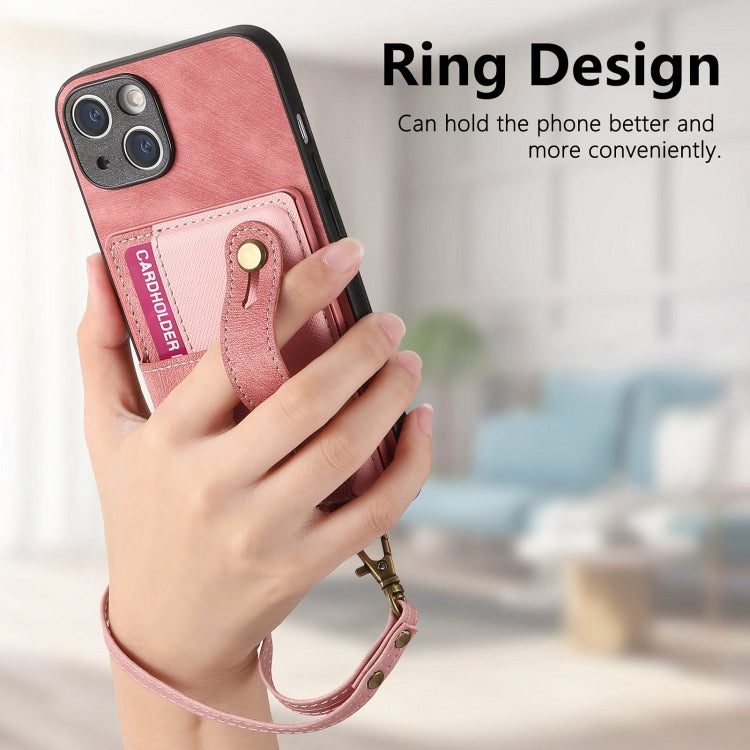 Avelena | iPhone 14 Retro Cross Handgelenk Geldbeutel Leder Rücken Handyhülle - Pink