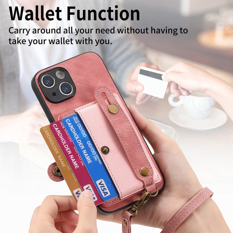 Avelena | iPhone 14 Retro Cross Handgelenk Geldbeutel Leder Rücken Handyhülle - Pink