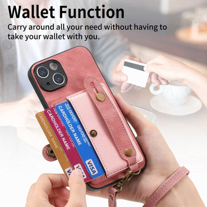 Avelena | iPhone 14 Retro Cross Handgelenk Geldbeutel Leder Rücken Handyhülle - Pink