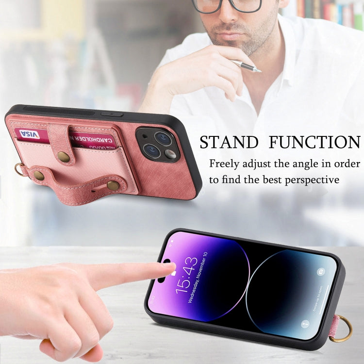 Avelena | iPhone 14 Retro Cross Handgelenk Geldbeutel Leder Rücken Handyhülle - Pink