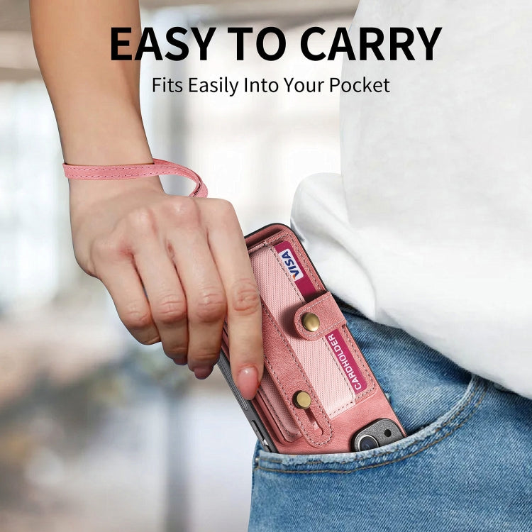 Avelena | iPhone 14 Retro Cross Handgelenk Geldbeutel Leder Rücken Handyhülle - Pink