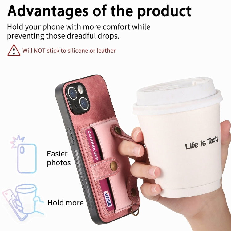 Avelena | iPhone 14 Retro Cross Handgelenk Geldbeutel Leder Rücken Handyhülle - Pink
