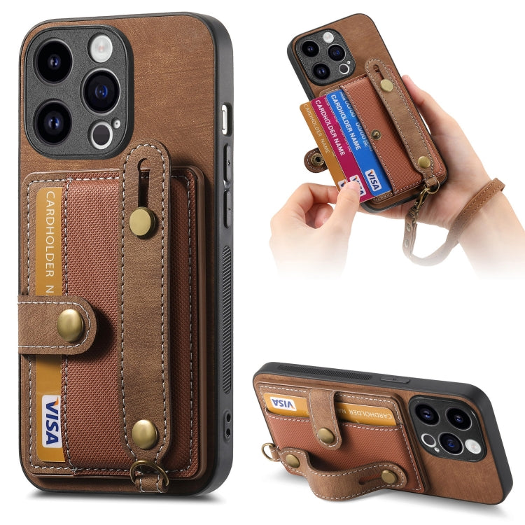 Avelena | iPhone 15 Pro Retro Cross Handgelenk Geldbörse Leder Rücken Telefonhülle - Braun