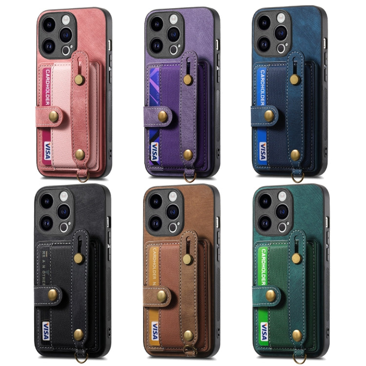 Avelena | iPhone 15 Pro Retro Cross Handgelenk Geldbörse Leder Rücken Telefonhülle - Braun